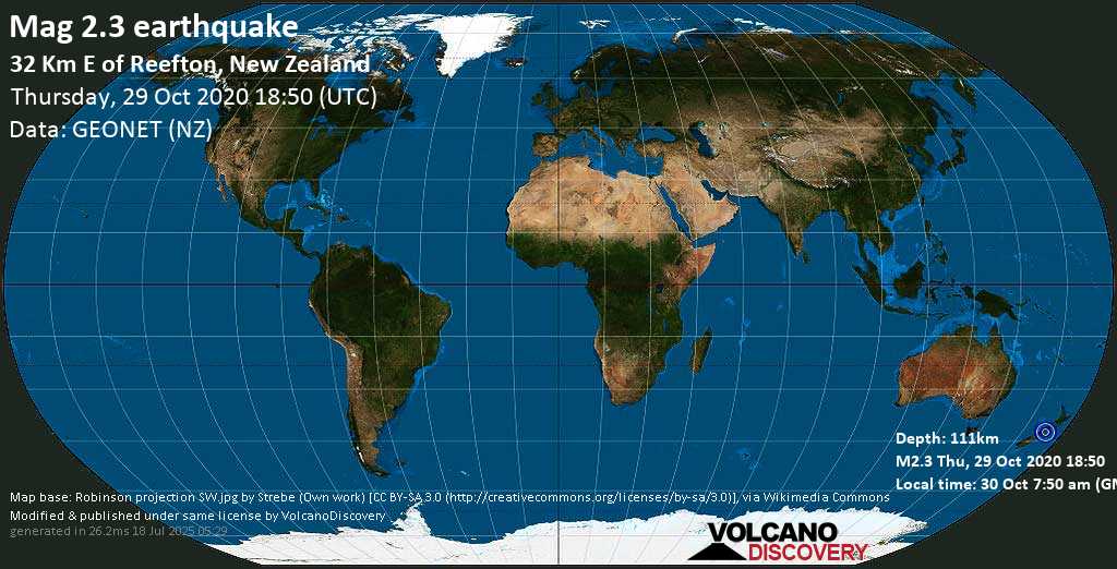 Mag. 2.3 earthquake - 6.4 km north of Warwick Junction, Buller District, West Coast, New Zealand, on 30 Oct 7:50 am (GMT +13)