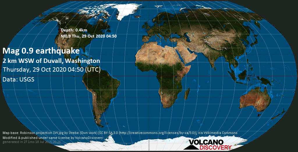 Debile terremoto magnitudine 1.0 - 2 km a ovest da Duvall, Contea di King County, Washington State, Stati Uniti, giovedì, 29 ottobre 2020
