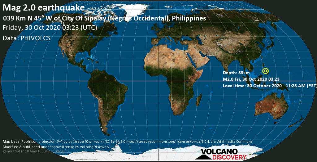 Mag. 2.0 earthquake - Sulu Sea, 31 km northwest of Inayauan, Negros Occidental, Western Visayas, Philippines, on Friday, 30 Oct 11.23 am (GMT +8)