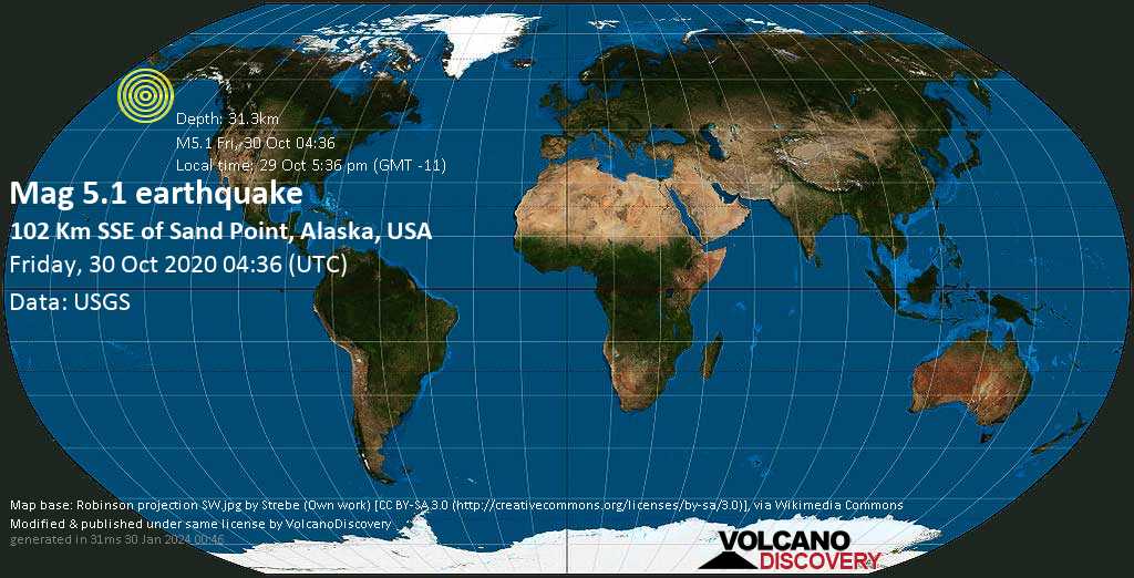 Terremoto moderato mag. 5.1 - 102 km a sud-est da Sand Point, Borough delle Aleutine orientali, Alaska, Stati Uniti, giovedì, 29 ott 2020 20:36 (GMT -8)