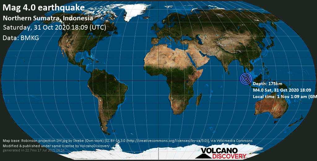 Light mag. 4.0 earthquake - 42 km northeast of Padangsidempuan, Kota Padang Sidempuan, Sumatera Utara, Indonesia, on Sunday, 1 Nov 2020 1:09 am (GMT +7)
