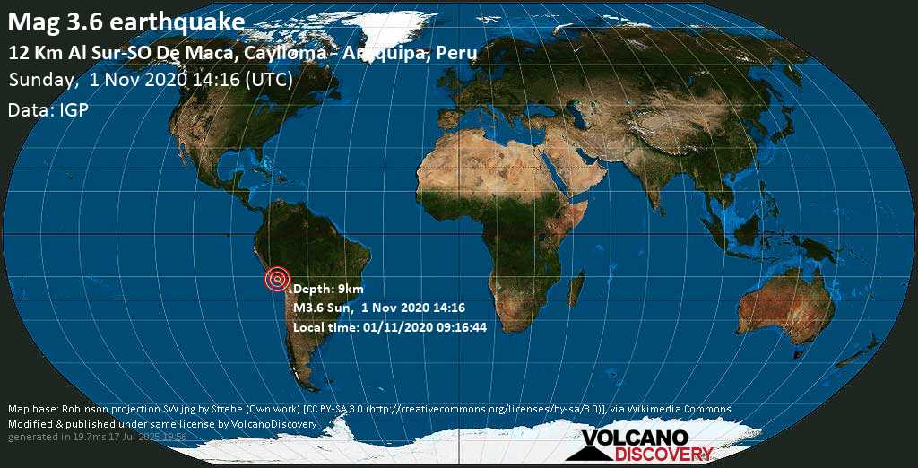 Débil terremoto magnitud 3.6 - 26 km WSW of Chivay, Provincia de Caylloma, Arequipa, Peru, domingo, 01 nov. 2020