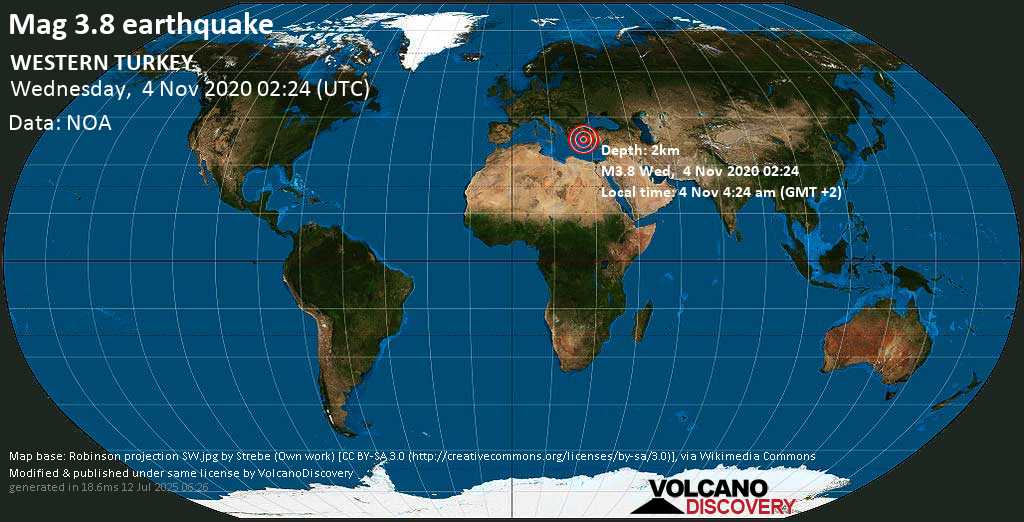 Moderate mag. 3.8 earthquake - 75 km south of İzmir, Turkey, Greece, on Wednesday, 4 Nov 2020 4:24 am (GMT +2)