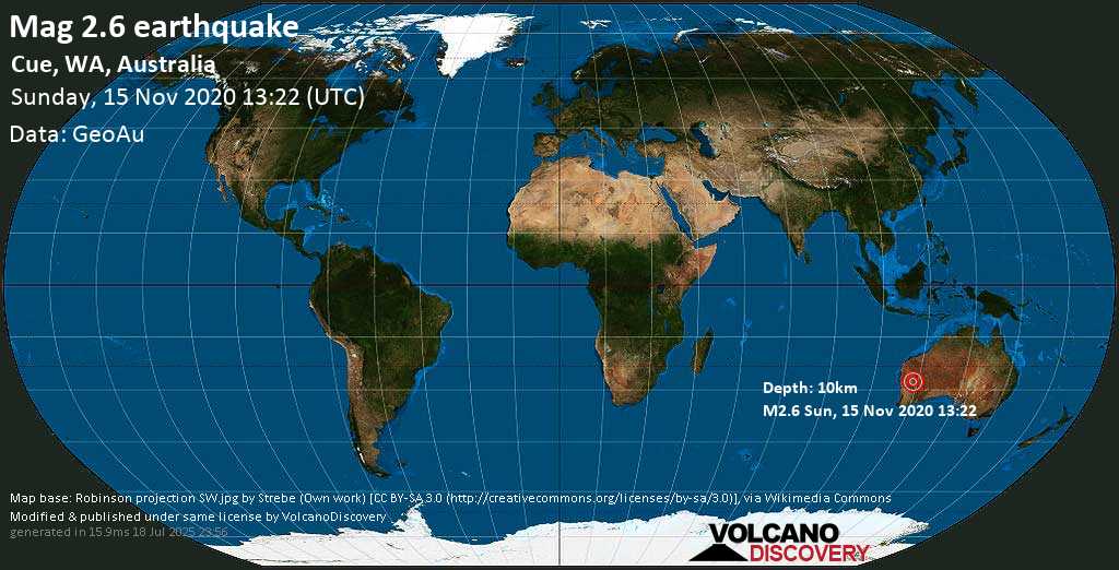Minor mag. 2.6 earthquake - 21 km northwest of Cue, Western Australia, Australia, on Sunday, 15 November 2020 at 13:22 (GMT)