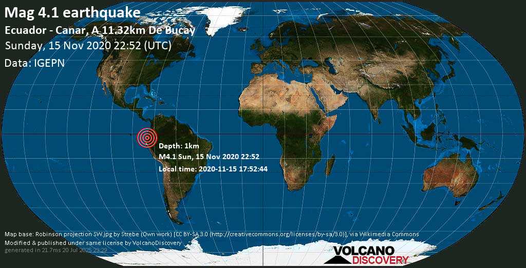 Light mag. 4.1 earthquake - 82 km east of Guayaquil, Guayas, Ecuador, on Sunday, 15 Nov 5.52 pm (GMT -5)