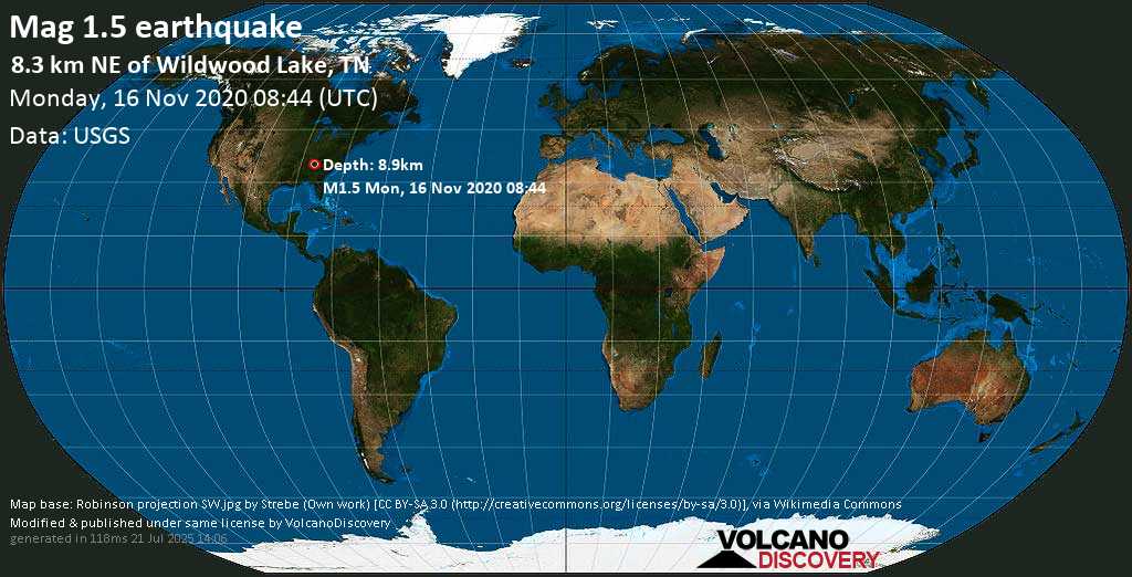 Sismo muy débil mag. 1.5 - 8.8 miles SSW of Cleveland, Bradley County, Tennessee, USA, lunes, 16 nov. 2020 08:44