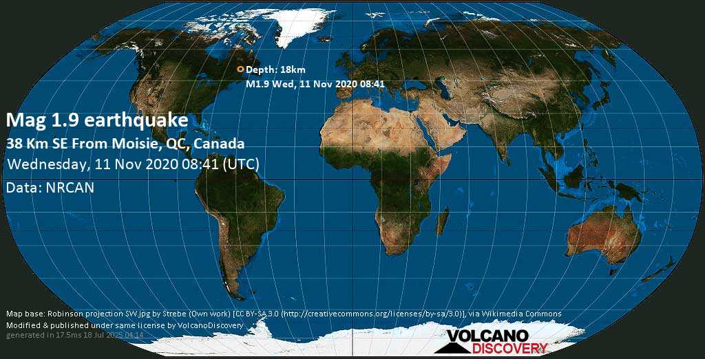 Sehr schwaches Beben Stärke 1.9 - 57 km südöstlich von Sept-Îles, Côte-Nord, Quebec, Kanada, am Mittwoch, 11. Nov 2020 um 08:41 GMT