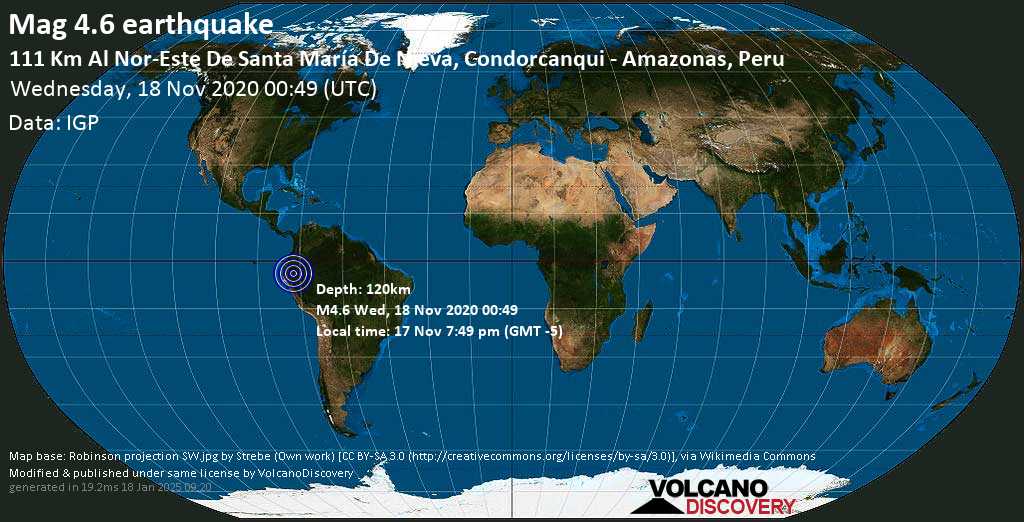 Earthquake information: Light Mag.  4.6 Earthquake – 111 km northeast of Santa Maria de Niva, Condorkanque