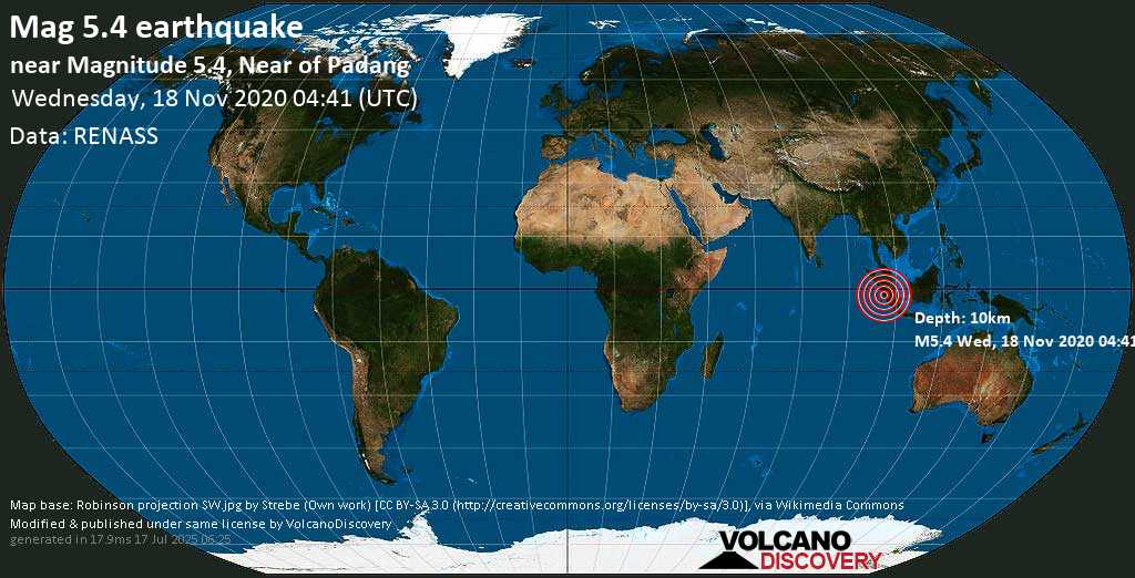 Moderato terremoto magnitudine 5.3 - Indian Ocean, 94 km a sud da Padang, West Sumatra, Indonesia, mercoledì, 18 novembre 2020