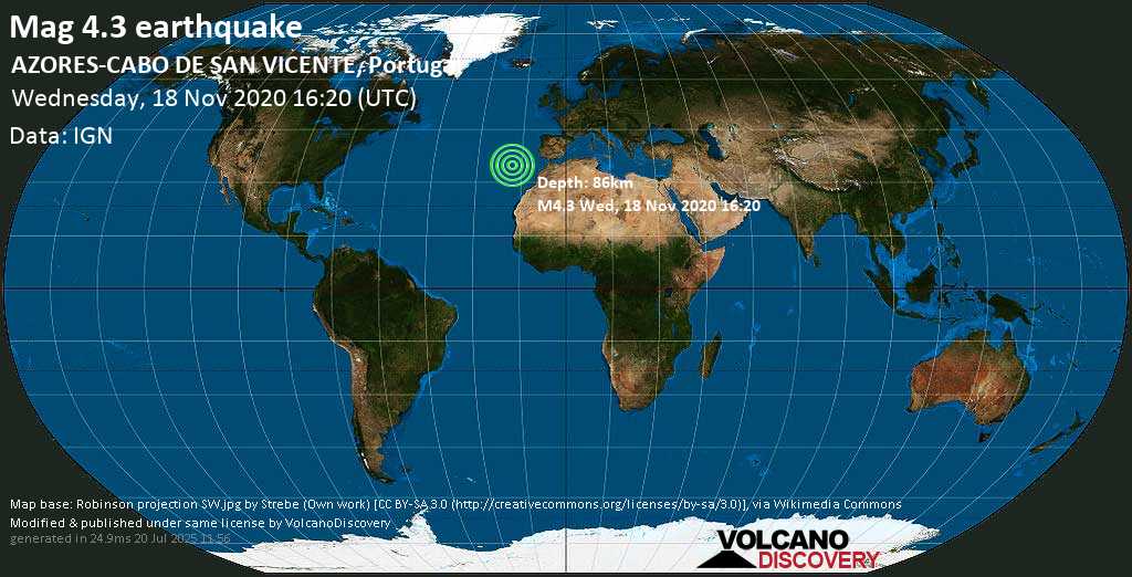 Mag. 4.3 earthquake - 241 km northwest of Funchal, Madeira, Portugal, on Wednesday, 18 Nov 3.20 pm (GMT -1)