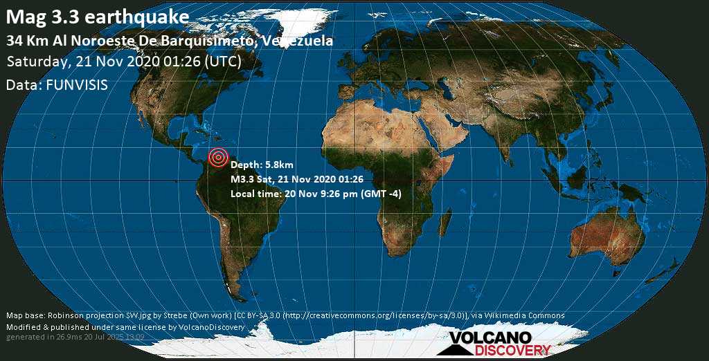 Minor mag. 3.3 earthquake - 34 km north of Barquisimeto, Lara, Venezuela, on Friday, 20 Nov 9.26 pm (GMT -4)
