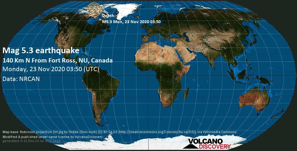 Moderate mag. 5.3 earthquake - Northwest Passage, Bay of Plenty, 3251 km north of Ottawa, Canada West, on Sunday, 22 Nov 2020 9:50 pm (GMT -6)