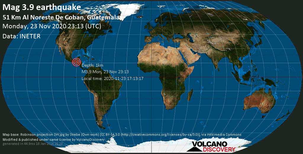 Quake Info Mag 3 9 Earthquake Municipio De San Pedro Carcha Alta Verapaz Department 51 Km Northeast Of Coban Alta Verapaz Guatemala On Monday 23 Nov 5 13 Pm Gmt 6 Volcanodiscovery