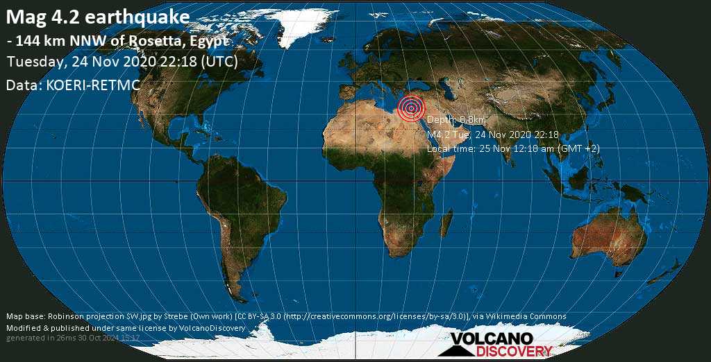 Earthquake information: Mag.  Earthquake 4.2 – Eastern Mediterranean, 154 km northwest of Idku, Idku Center, Beheira Governorate, Egypt, Wednesday, November 25 12.18 am (GMT +2)