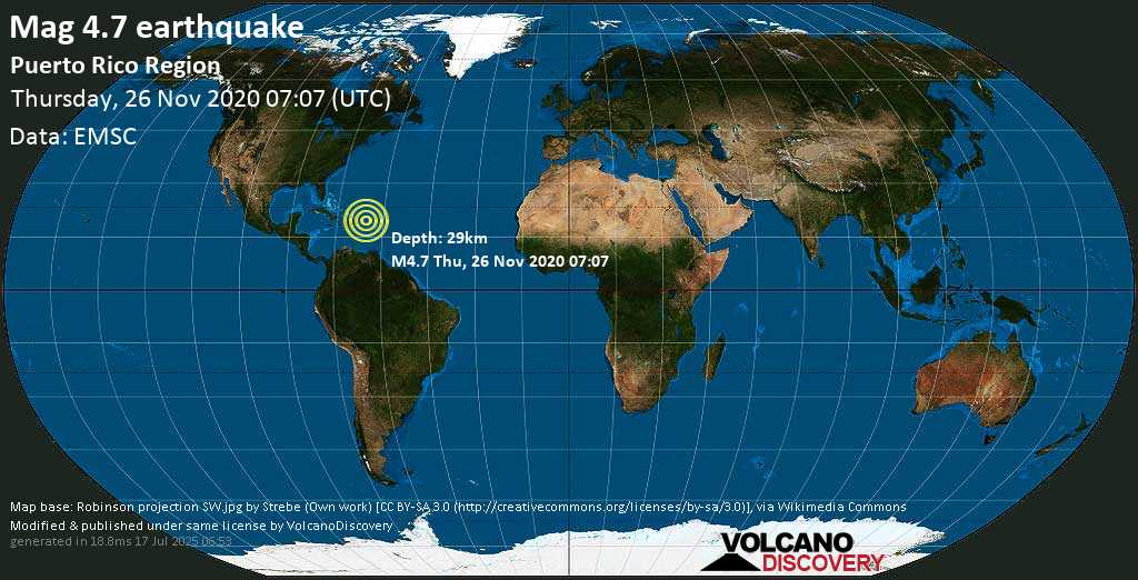 Mag. 4.7 earthquake - North Atlantic Ocean, 109 km north of Charlotte Amalie, U.S. Virgin Islands, on Thursday, 26 Nov 2020 3:07 am (GMT -4)