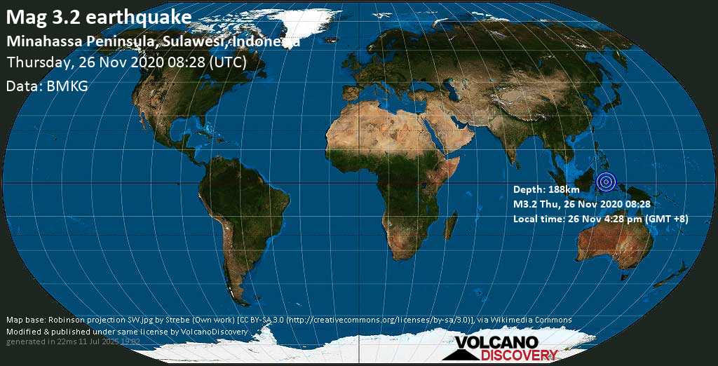Mag. 3.2 earthquake - South Pacific Ocean, 6.3 km east of Uuwan Dusun Tiga, North Sulawesi, Indonesia, on Thursday, 26 Nov 2020 4:28 pm (GMT +8)