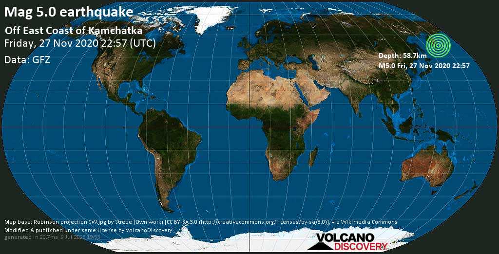 Moderate mag. 5.1 earthquake - North Pacific Ocean, 104 km southeast of Petropavlovsk-Kamchatskiy, Kamchatka, Russia, on Saturday, 28 Nov 2020 9:57 am (GMT +11)