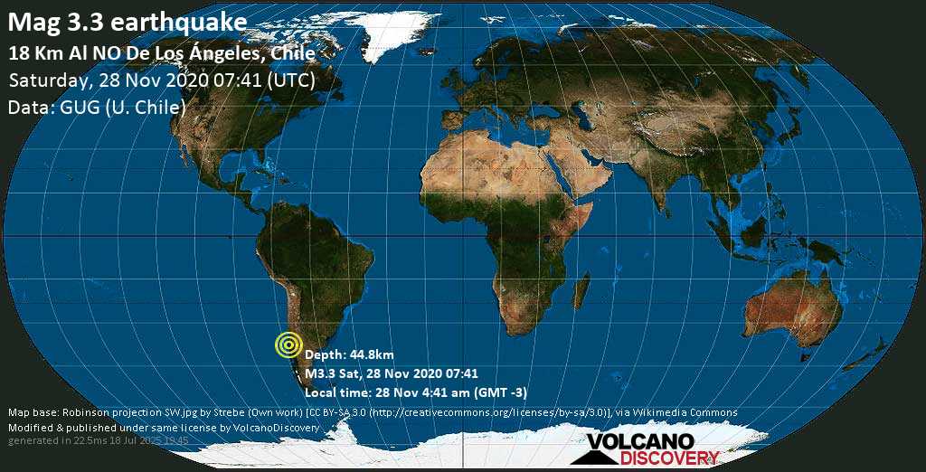 Weak mag. 3.3 earthquake - Tasman Sea, 17 km northwest of Los Angeles, Region del Biobio, Chile, on Saturday, 28 Nov 2020 4:41 am (GMT -3)