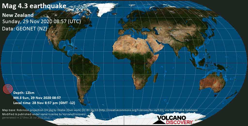 Mag. 4.3 earthquake - South Pacific Ocean, 731 km northeast of Tauranga, Bay of Plenty, New Zealand, on Saturday, 28 Nov 2020 8:57 pm (GMT -12)