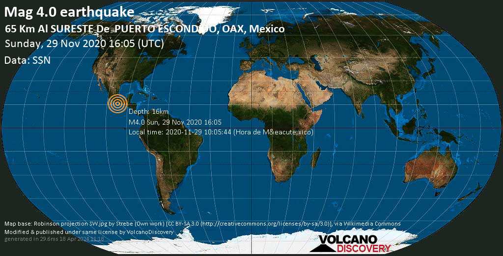 Light mag. 4.0 earthquake - North Pacific Ocean, 66 km south of Puerto Escondido, Oaxaca, Mexico, on Sunday, Nov 29, 2020 at 10:05 am (GMT -6)