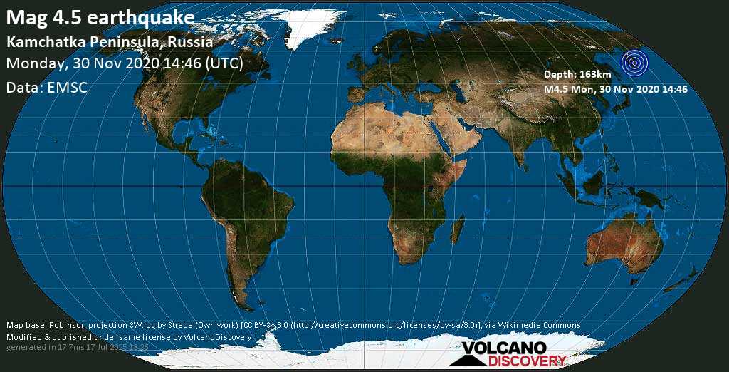 Mag. 4.5 earthquake - Milkovsky District, 90 km north of Yelizovo, Kamchatka, Russia, on Tuesday, 1 Dec 2020 2:46 am (GMT +12)