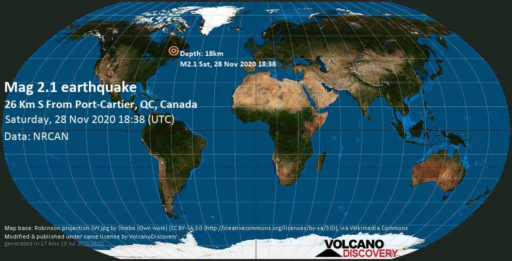 Minor mag. 2.1 earthquake - Sept-Rivières—Caniapiscau, Quebec, 28 km south of Port-Cartier (Sept-Rivières--Caniapiscau), Canada, on Saturday, November 28, 2020 at 18:38 (GMT)