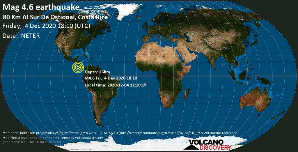 Terremoto moderado mag. 4.6 - North Pacific Ocean, 105 km SSW of Nicoya, Provincia de Guanacaste, Costa Rica, viernes, 04 dic. 2020