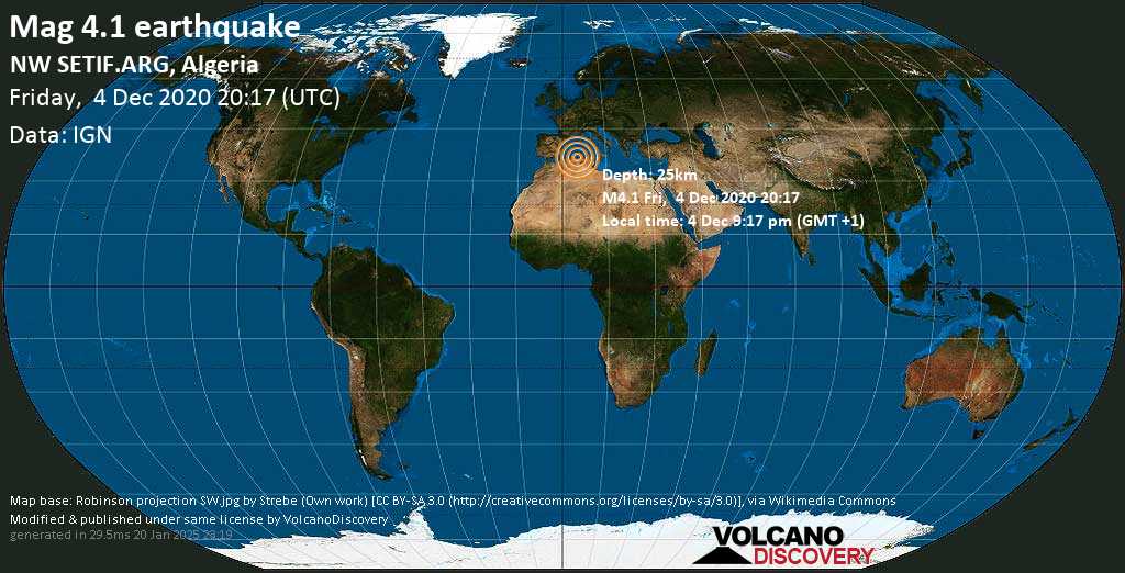 Earthquake information: Mag.  4.1–3.8 km earthquake northeast of Bouka, Setif, Algeria, Friday, December 4 9:17 pm (GMT +1)