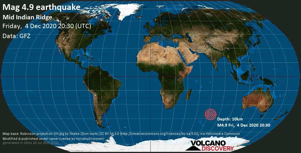 Strong mag. 5.0 earthquake - Indian Ocean, French Southern Territories, on Saturday, 5 Dec 2020 1:30 am (GMT +5)