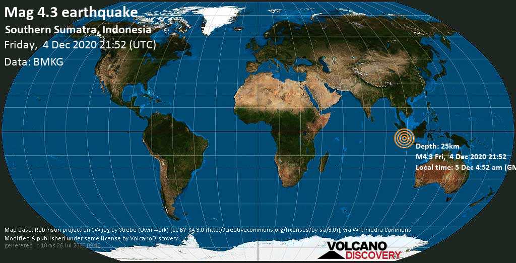 Mag. 4.3 earthquake - Indian Ocean, 53 km south of Bengkulu, Indonesia, on Saturday, 5 Dec 2020 4:52 am (GMT +7)