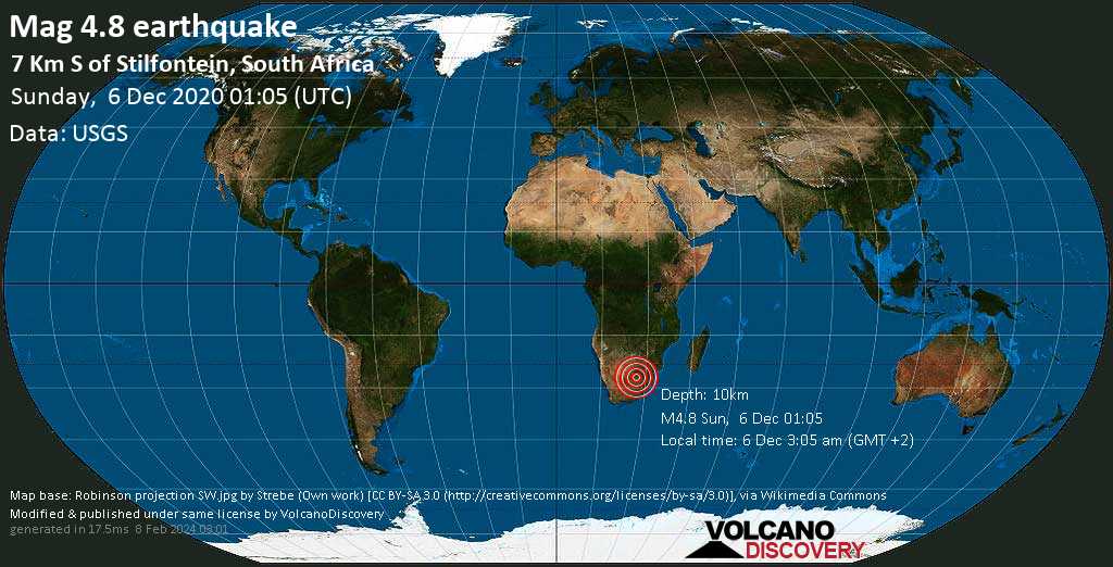 Moderate mag. 4.8 earthquake - 7.5 km south of Stilfontein, North-West, South Africa, on Sunday, Dec 6, 2020 at 3:05 am (GMT +2)