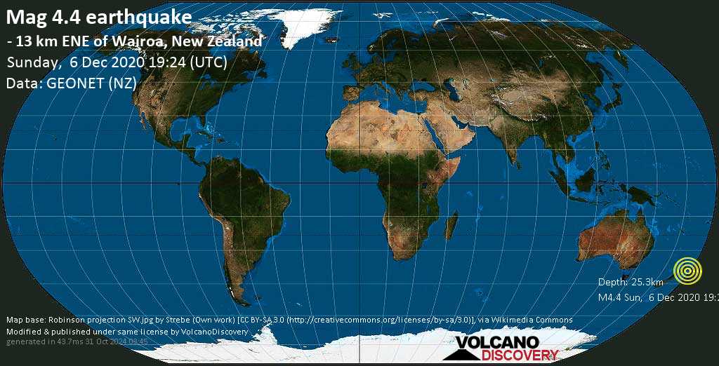 Earthquake information: Mag.  4.4 earthquake – Gisborne region, East Cape, 20 km north of Frasertown (Hawke’s Bay), New Zealand, Monday, December 7, 8.24 am (GMT +13)