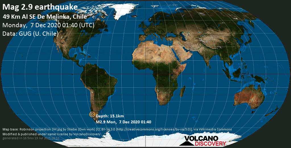 Schwaches Erdbeben Stärke 2.9 - South Pacific Ocean, 125 km südlich von Quellon, Provincia de Chiloé, Los Lagos Region, Chile, am Sonntag, 6. Dez 2020 um 22:40 Lokalzeit