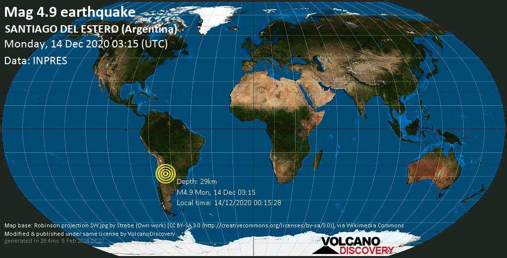 Quake info: Mag. 4.9 earthquake - Departamento de Choya, 63 km southwest of Santiago del Estero, Santiago del Estero, Argentina, on Monday, 14 Dec 12:15 am (GMT -3) - VolcanoDiscovery