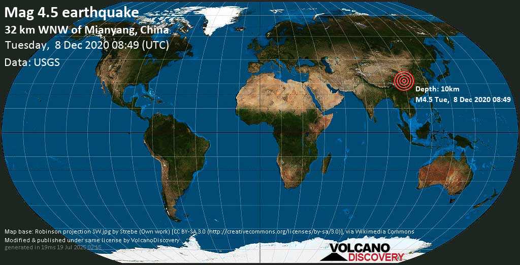 Moderate mag. 4.5 earthquake - 33 km west of Mianyang, Sichuan, China, on Tuesday, December 8, 2020 at 08:49 (GMT)
