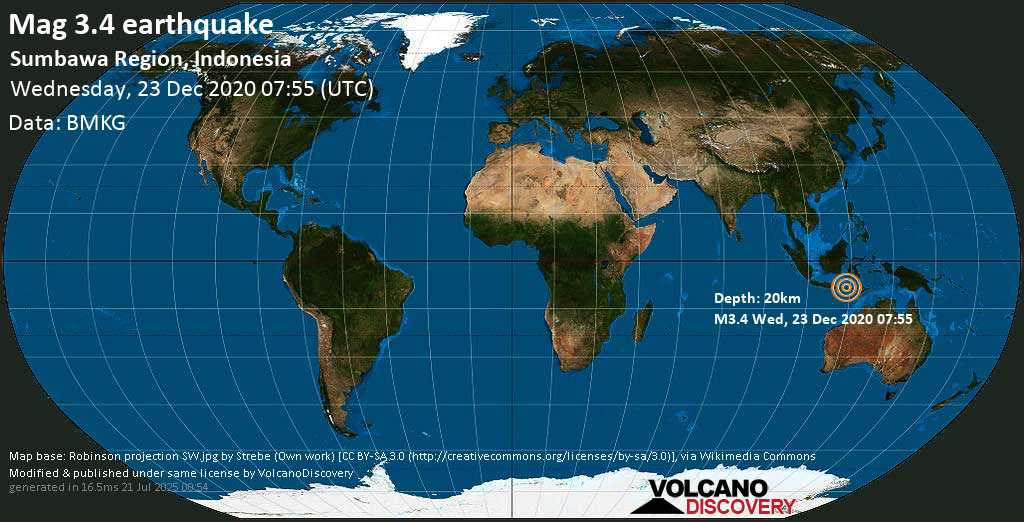 Light mag. 3.4 earthquake - 67 km northeast of Sumbawa Besar, Indonesia, on Wednesday, 23 Dec 2020 3:55 pm (GMT +8)