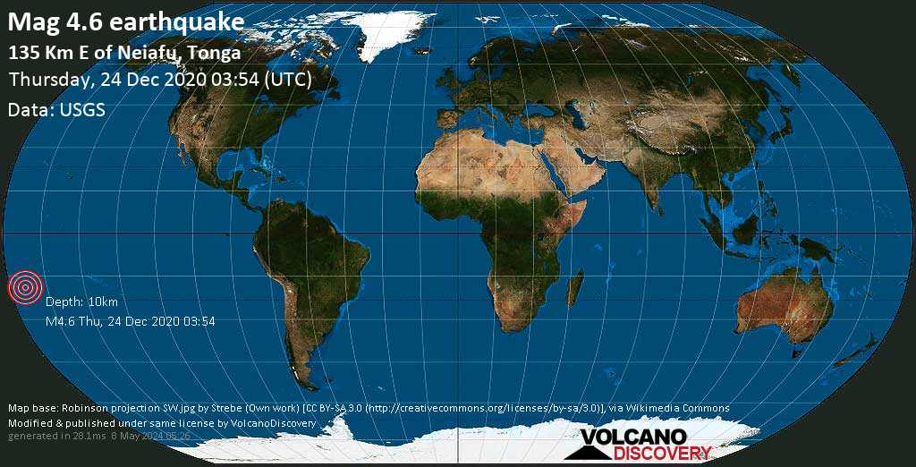 Moderate mag. 4.6 earthquake - South Pacific Ocean, 136 km east of Neiafu, Vava\'u, Tonga, on Thursday, Dec 24, 2020 at 4:54 pm (GMT +13)