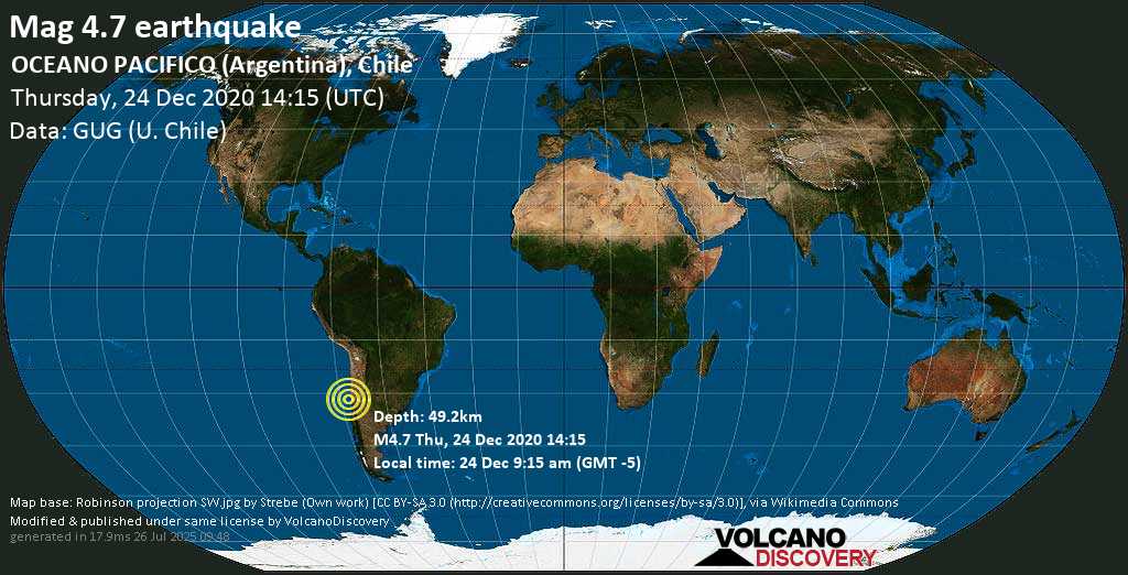 Light mag. 4.7 earthquake - South Pacific Ocean, 82 km west of Illapel, Provincia de Choapa, Coquimbo Region, Chile, on Thursday, 24 Dec 2020 9:15 am (GMT -5)