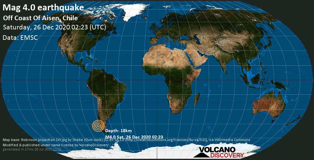 Light mag. 4.0 earthquake - South Pacific Ocean, 288 km southwest of Puerto Aisén, Provincia de Aisén, Aysén, Chile, on Friday, 25 Dec 2020 9:23 pm (GMT -5)