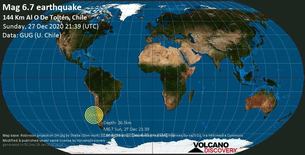 Очень сильное землетрясение магнитудой 6.7 - South Pacific Ocean, 145 km к западу от Вальдивия, Valdivia, Los Rios Region, Чили, Воскресенье, 27 дек 2020 16:39 (GMT -5)