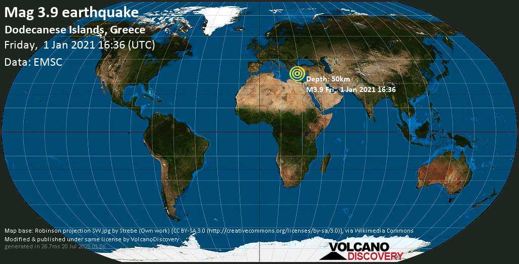 Light mag. 4.0 earthquake - Eastern Mediterranean, 11 km southeast of Kattavia, Greece, on Friday, 1 Jan 2021 6:36 pm (GMT +2)