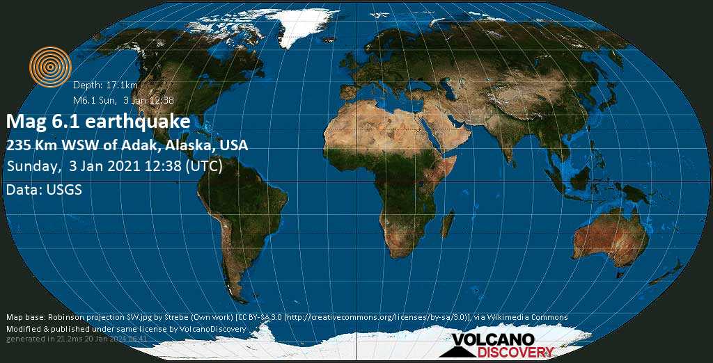Very strong mag. 6.1 earthquake - Bering Sea, 146 mi west of Adak, Aleutians West, Alaska, USA, on Sunday, Jan 3, 2021 at 2:38 am (GMT -10)
