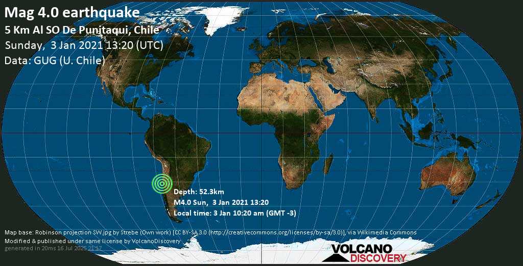 Light mag. 4.0 earthquake - 31 km south of Ovalle, Provincia de Limari, Coquimbo Region, Chile, on Sunday, 3 Jan 2021 10:20 am (GMT -3)