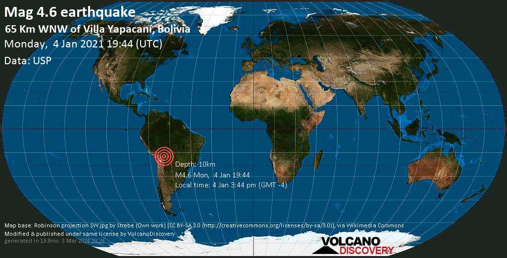 Moderate mag. 4.6 earthquake - 64 km west of Villa Yapacani, Ichilo, Santa Cruz, Bolivia, on Monday, Jan 4, 2021 at 3:44 pm (GMT -4)