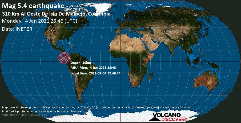 Earthquake information: Mag average.  5.4 earthquake – North Pacific Ocean, 423 km south of Puerto Armolese, Provincia de Cheriki, Panama, Monday Jan 4 5:46 pm (GMT -6)