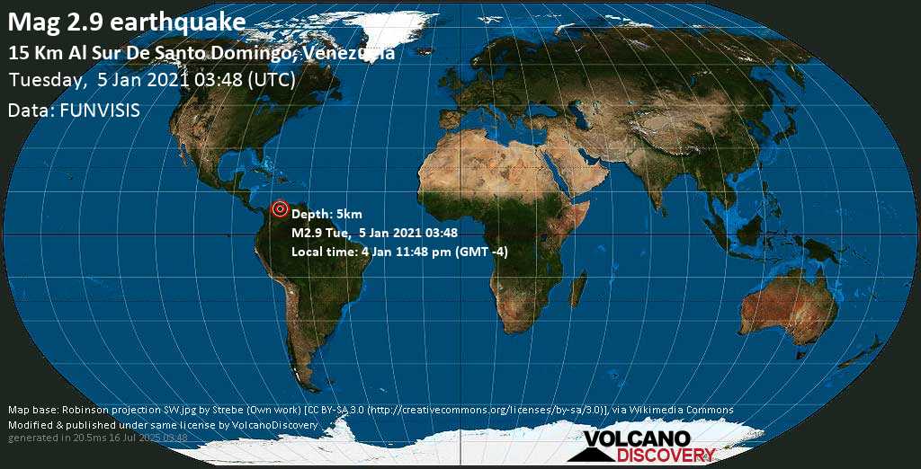 Leichtes Erdbeben der Stärke 2.9 - 32 km westlich von Barinitas, Bolívar, Barinas, Venezuela, am Montag, 4. Jan 2021 um 23:48 Lokalzeit