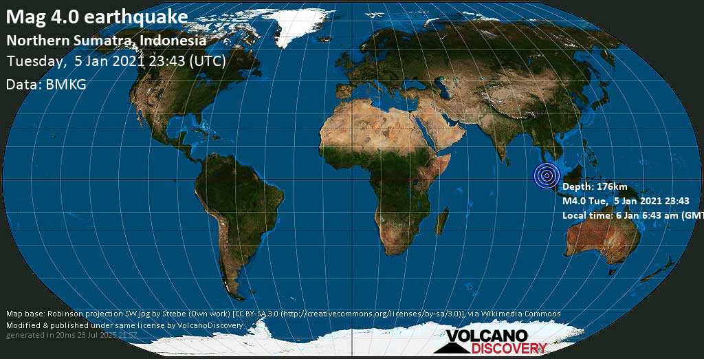 Light mag. 4.0 earthquake - 50 km northeast of Padangsidempuan, North Sumatra, Indonesia, on Wednesday, 6 Jan 2021 6:43 am (GMT +7)