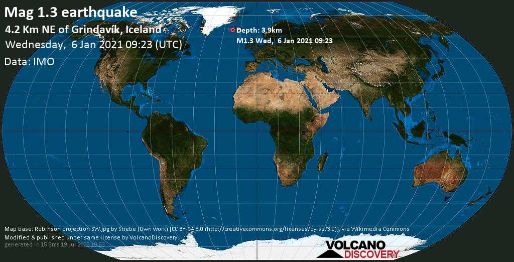 Minor mag. 1.3 earthquake - 4.2 Km NE of Grindavík, Iceland, on Wednesday, 6 January 2021 at 09:23 (GMT)