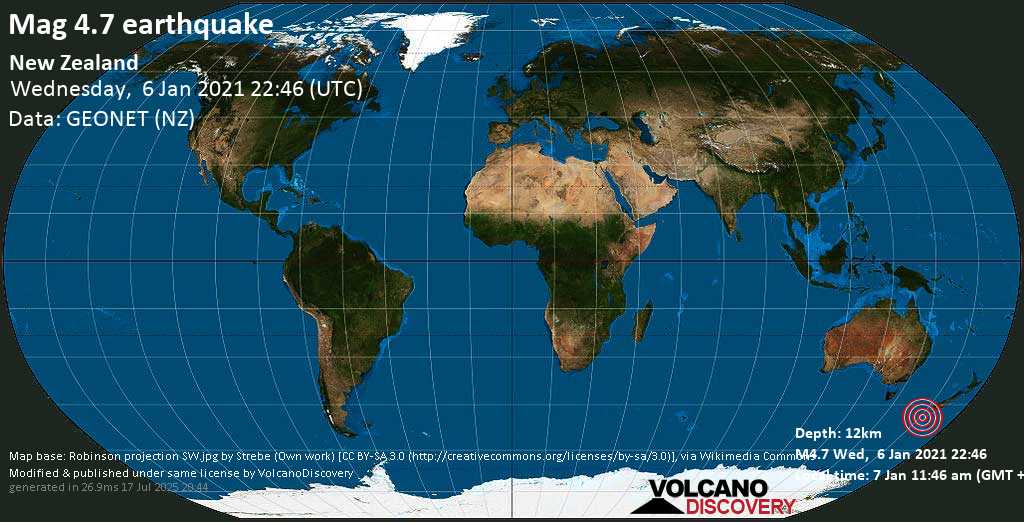 Moderate mag. 4.7 earthquake - Tasman Sea, 213 km northwest of Enderby Island, New Zealand, on Thursday, 7 Jan 2021 11:46 am (GMT +13)