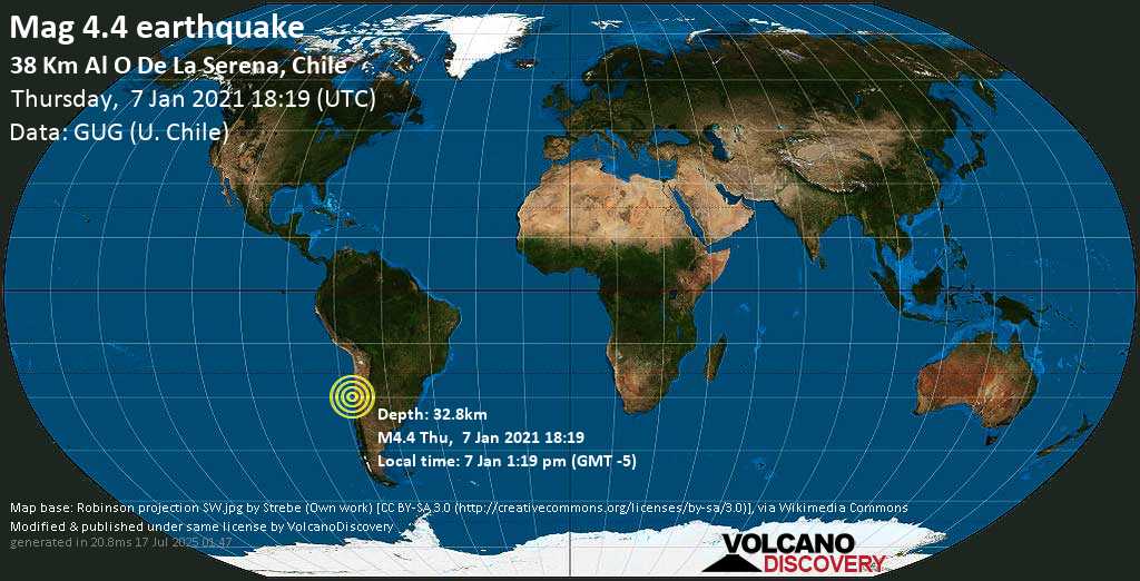 Light mag. 4.4 earthquake - South Pacific Ocean, 32 km northwest of Coquimbo, Provincia de Elqui, Coquimbo Region, Chile, on Thursday, 7 Jan 2021 3:19 pm (GMT -3)